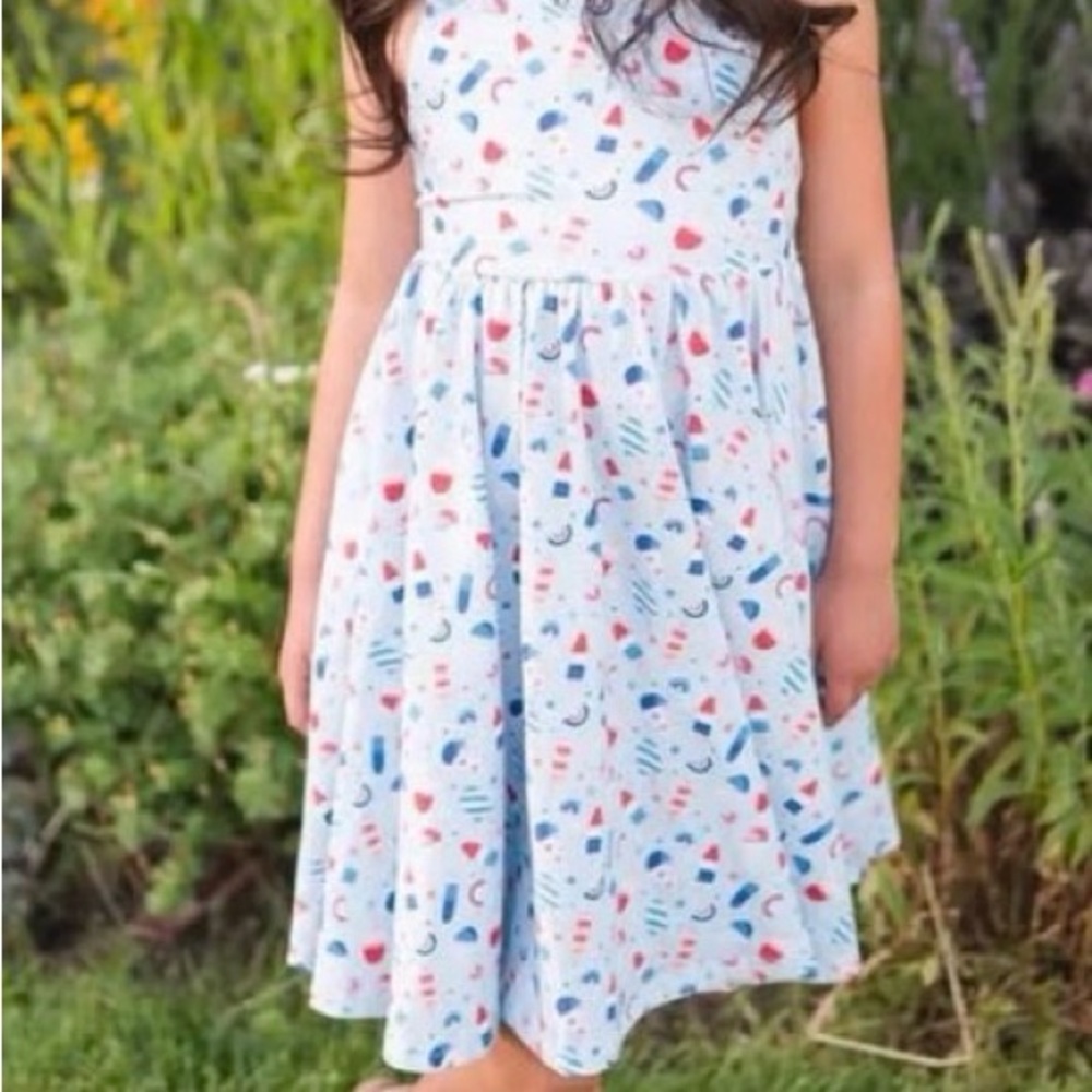 Girls' Light Blue Printed Independence Day Summer Dress